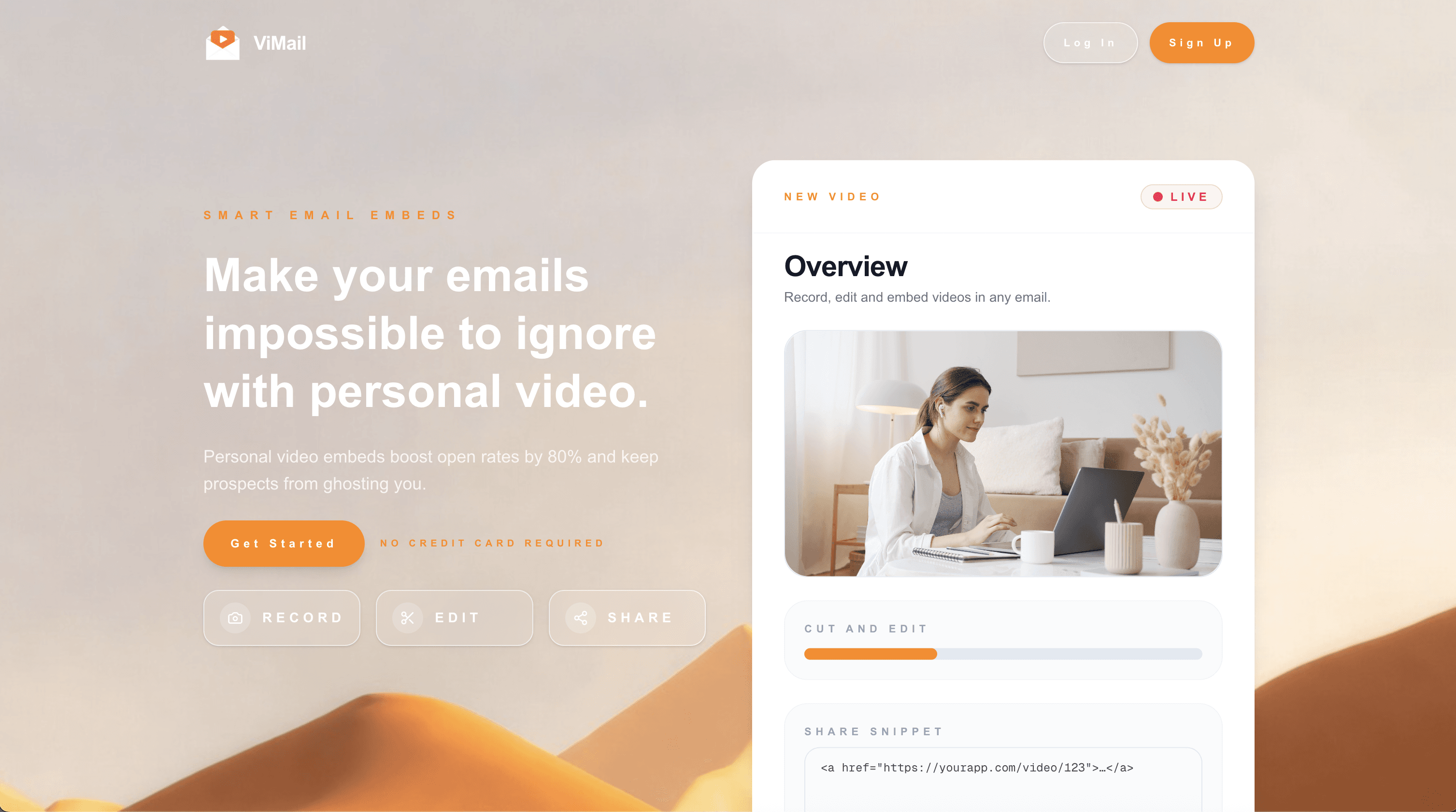 ViMail landing experience with embedded video player